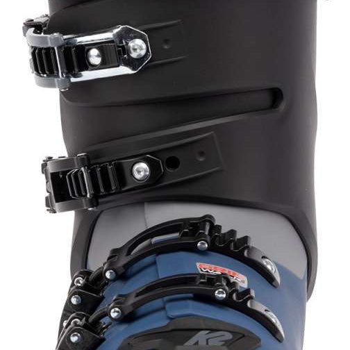 K2 BFC 100 ski boots in blue and black feature adjustable straps and a molded design.