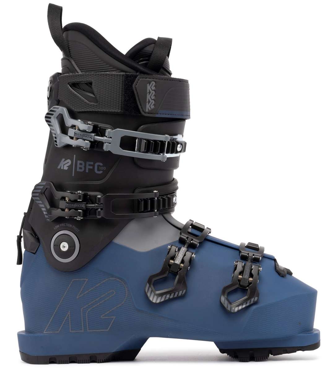 Blue K2 BFC 100 ski boots feature silver hardware and a textured upper.