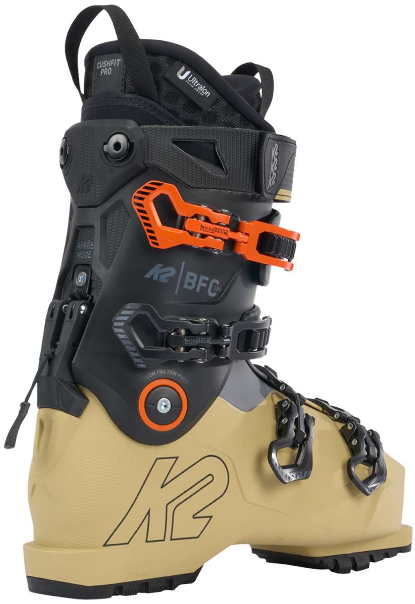 K2 BFC 120 ski boot 2024 features a black and yellow design with visible adjustment dials.