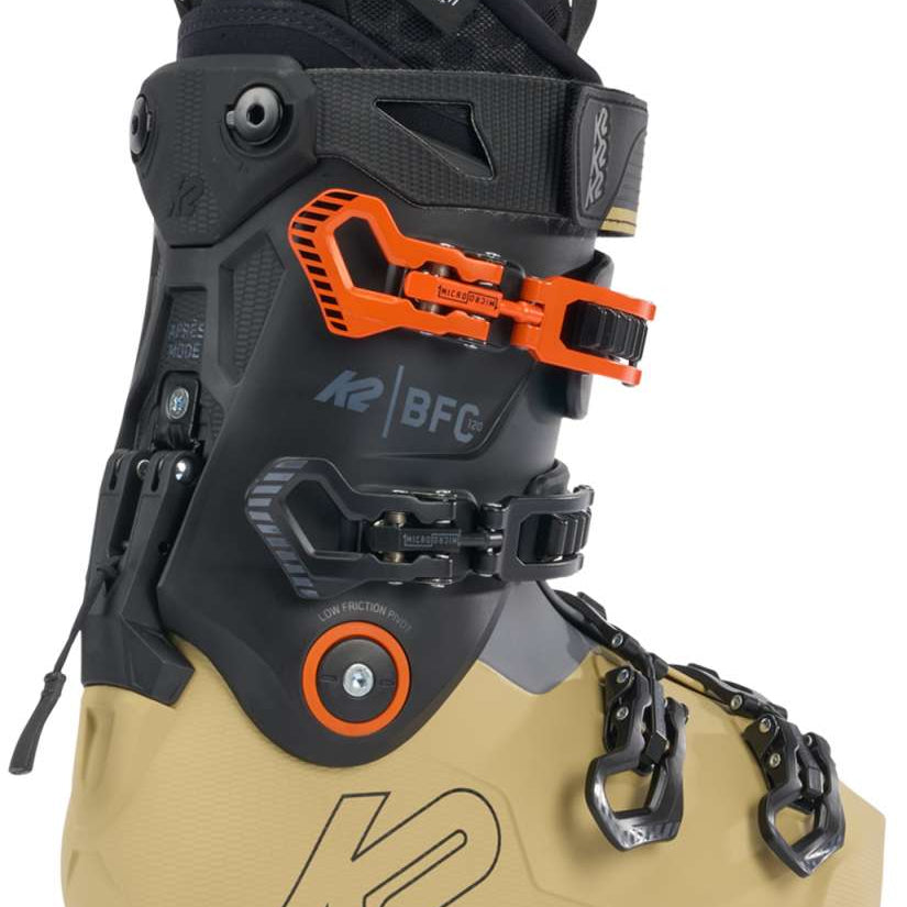 K2 BFC 120 ski boot 2024 features a black and yellow design with visible adjustment dials.