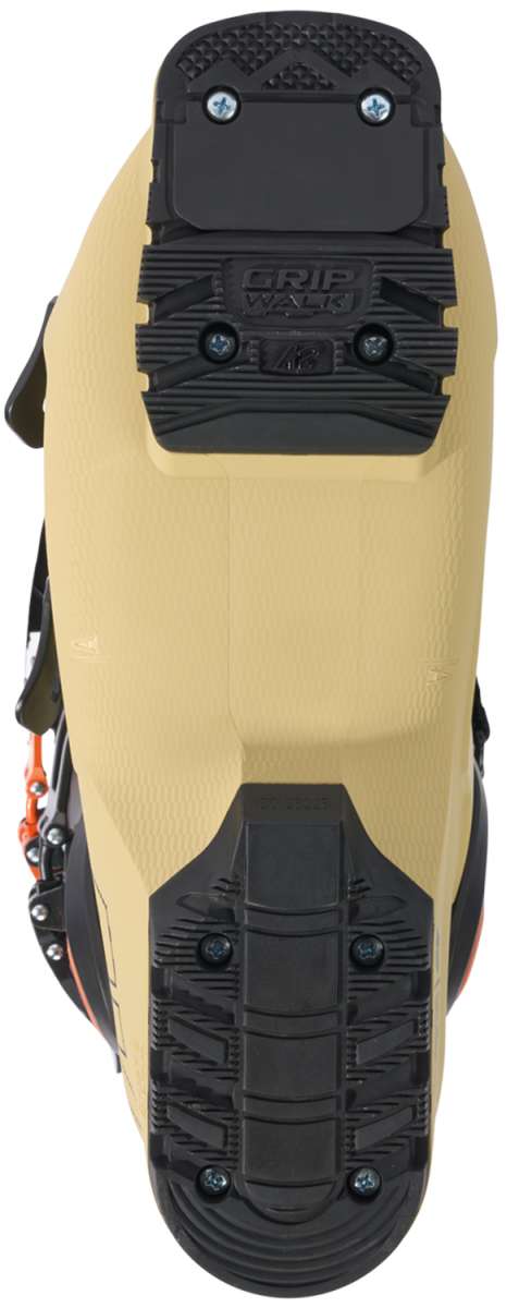 Black K2 BFC 120 ski boot sole with orange accents and visible lug pattern.