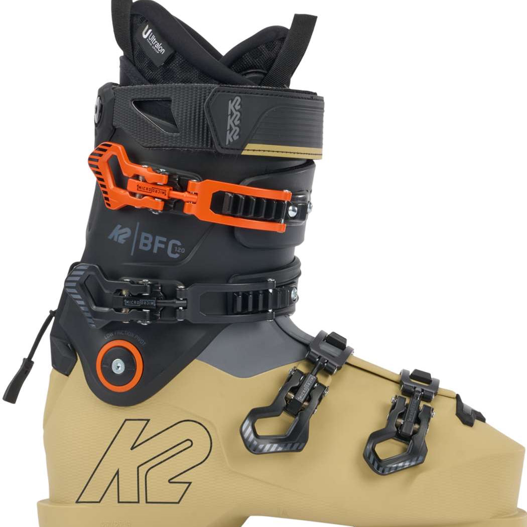 K2 BFC 120 ski boot in a tan color with black accents and visible hardware.