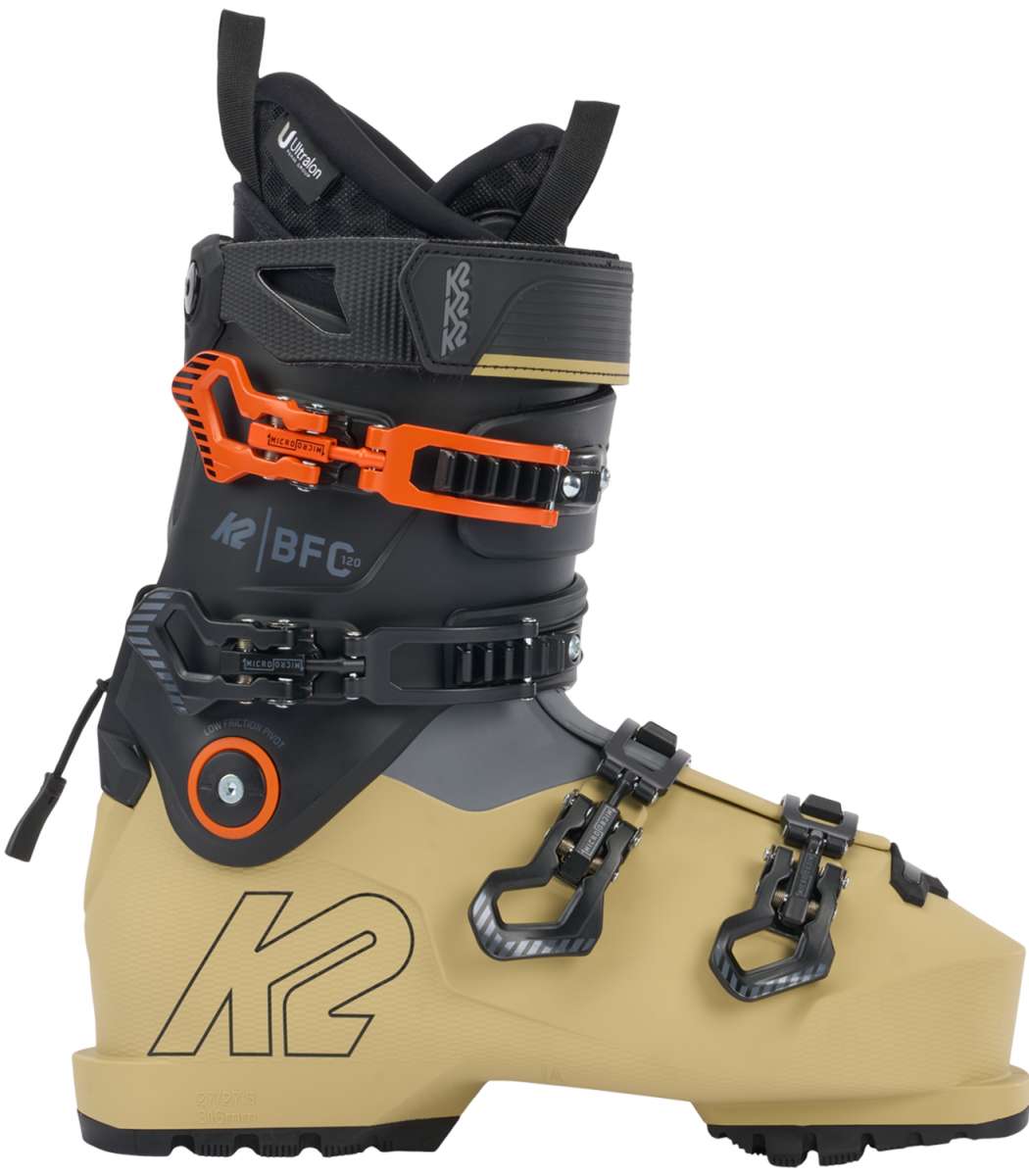 K2 BFC 120 ski boot in a tan color with black accents and visible hardware.