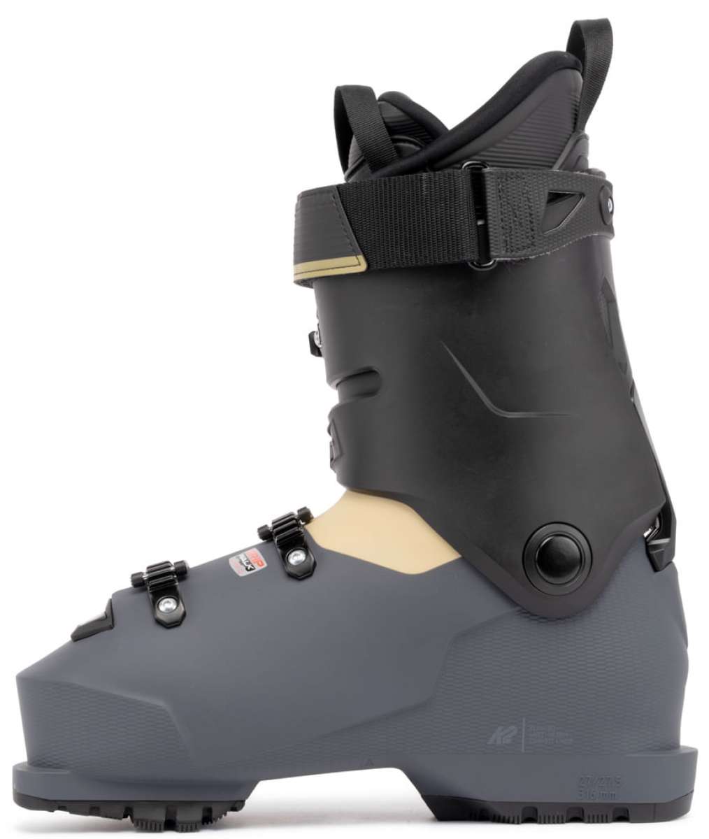 The K2 BFC 90 GW Ski Boot is a gray and black boot with a sturdy design, featuring a BOA closure system for secure fit. The boot is designed to provide support and comfort during skiing activities.