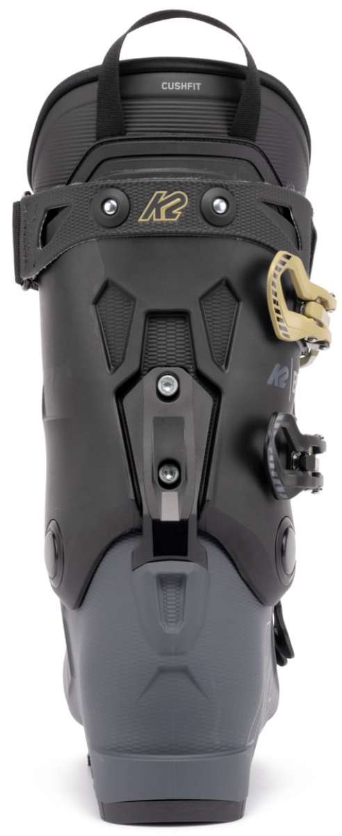 The K2 BFC 90 GW Ski Boot is a black and gray boot with a buckle closure system. It features a sturdy design, suitable for skiing and snowboarding activities. The boot has a high-top design that provides ankle support and protection.