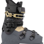 The image shows a pair of K2 BFC 90 GW ski boots for the 2021-2022 season. The boots are black and gray with a white sole, featuring a buckle closure system and straps for adjusting the fit. They have a sturdy design, suitable for winter sports activities such as skiing or snowboarding.