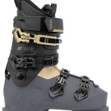 The image shows a pair of K2 BFC 90 GW ski boots for the 2021-2022 season. The boots are black and gray with a white sole, featuring a buckle closure system and straps for adjusting the fit. They have a sturdy design, suitable for winter sports activities such as skiing or snowboarding.