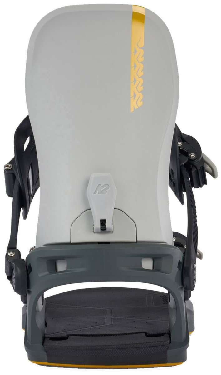K2 Bond 2024 snowboard bindings feature a black base with yellow accents.