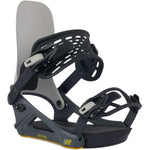 K2 Bond 2024 snowboard bindings feature a gray base with yellow accents and a distinctive open design.