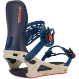 K2 Bond 2024 snowboard bindings feature a blue and white design with red accents.