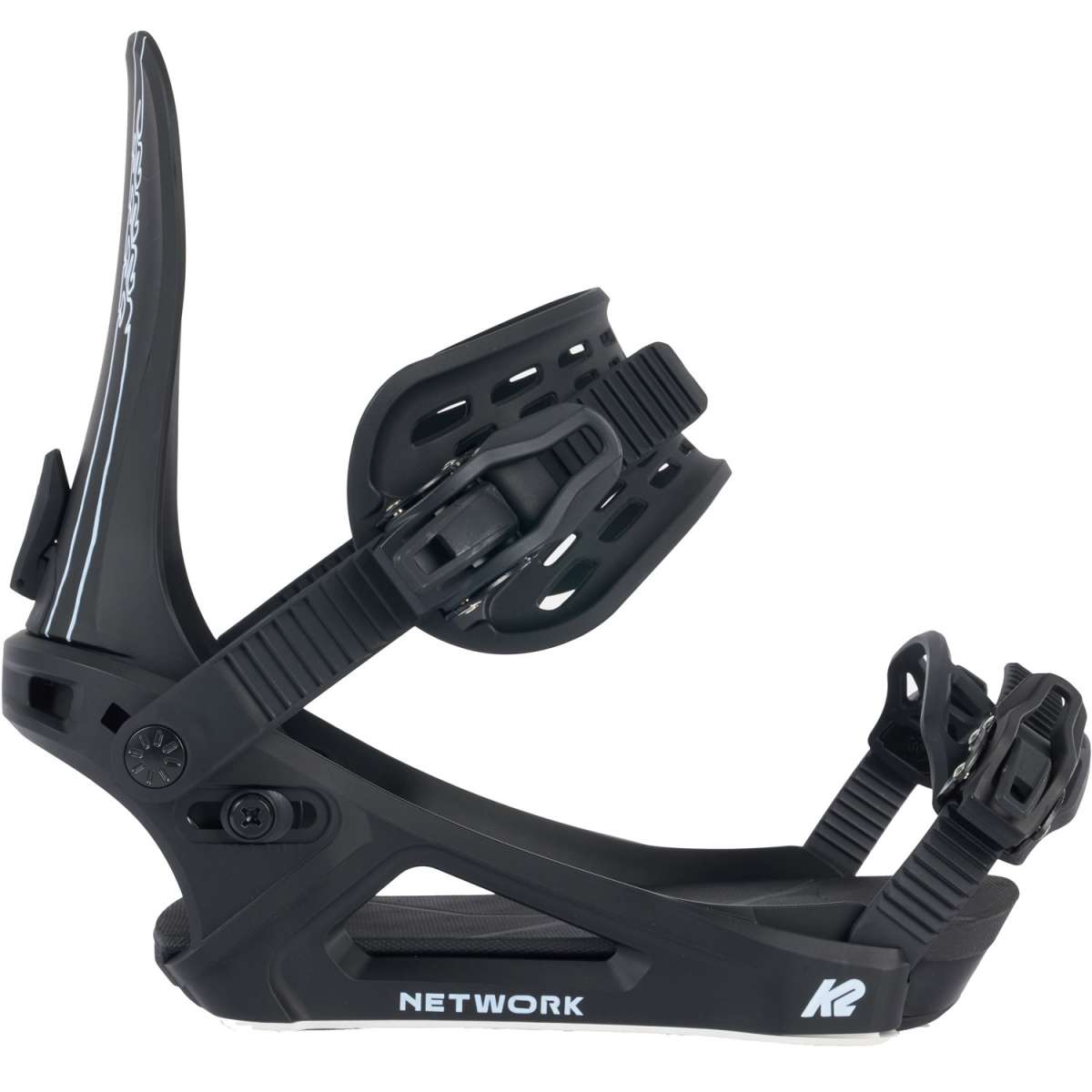 Black K2 Bond snowboard bindings feature a distinctive design and K2 branding.