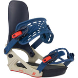 K2 Bond 2024 snowboard bindings feature a blue and white design with red accents.