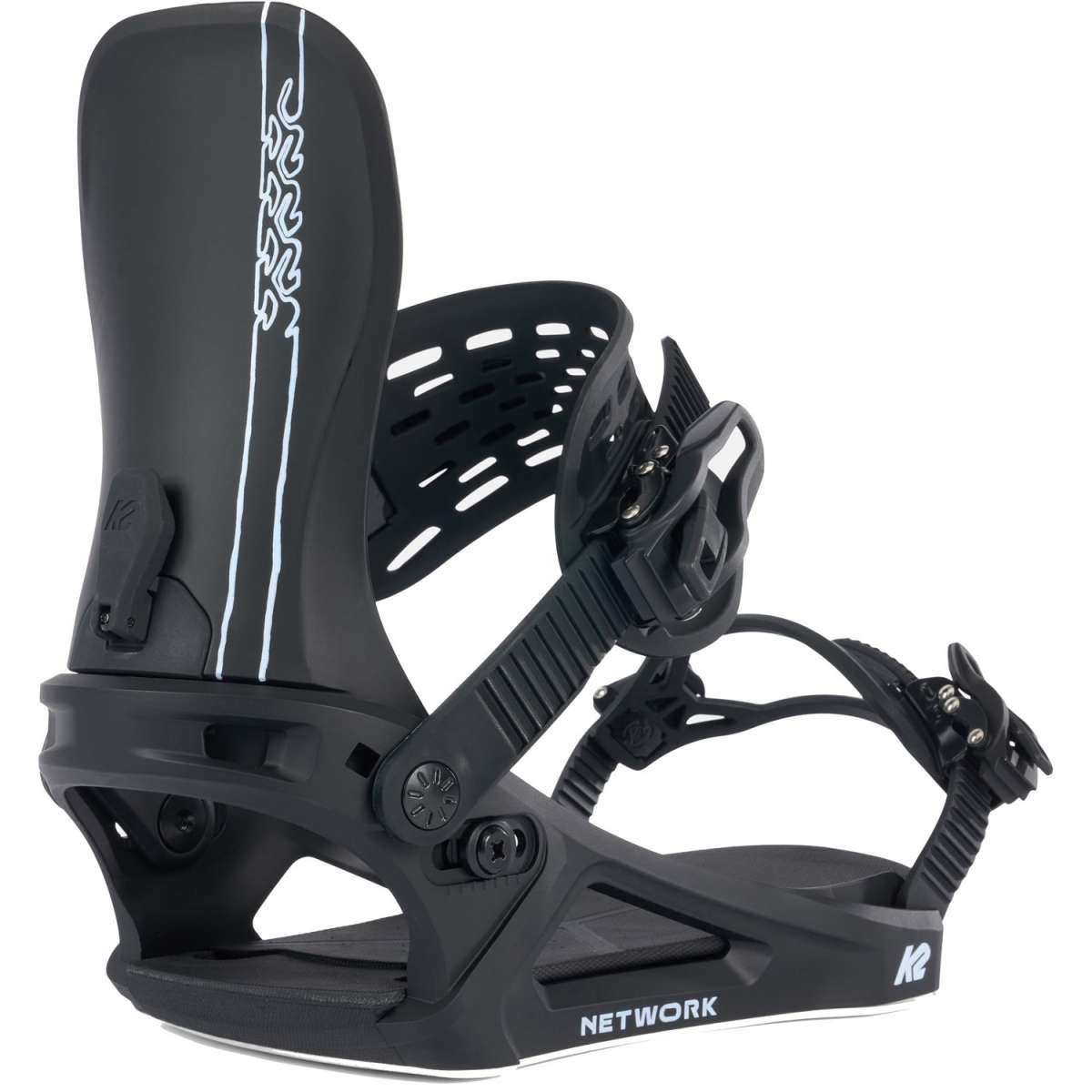 Black K2 Bond snowboard bindings feature a distinctive design and silver accents.