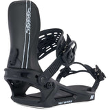 Black K2 Bond snowboard bindings feature a distinctive design and silver accents.