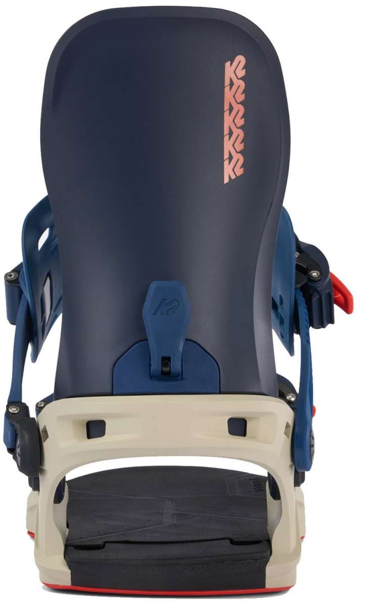 K2 Bond 2024 snowboard bindings feature a blue and white design with red accents.