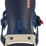 K2 Bond 2024 snowboard bindings feature a blue and white design with red accents.