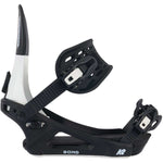 Black K2 Bond snowboard bindings feature a distinctive design and red accents.