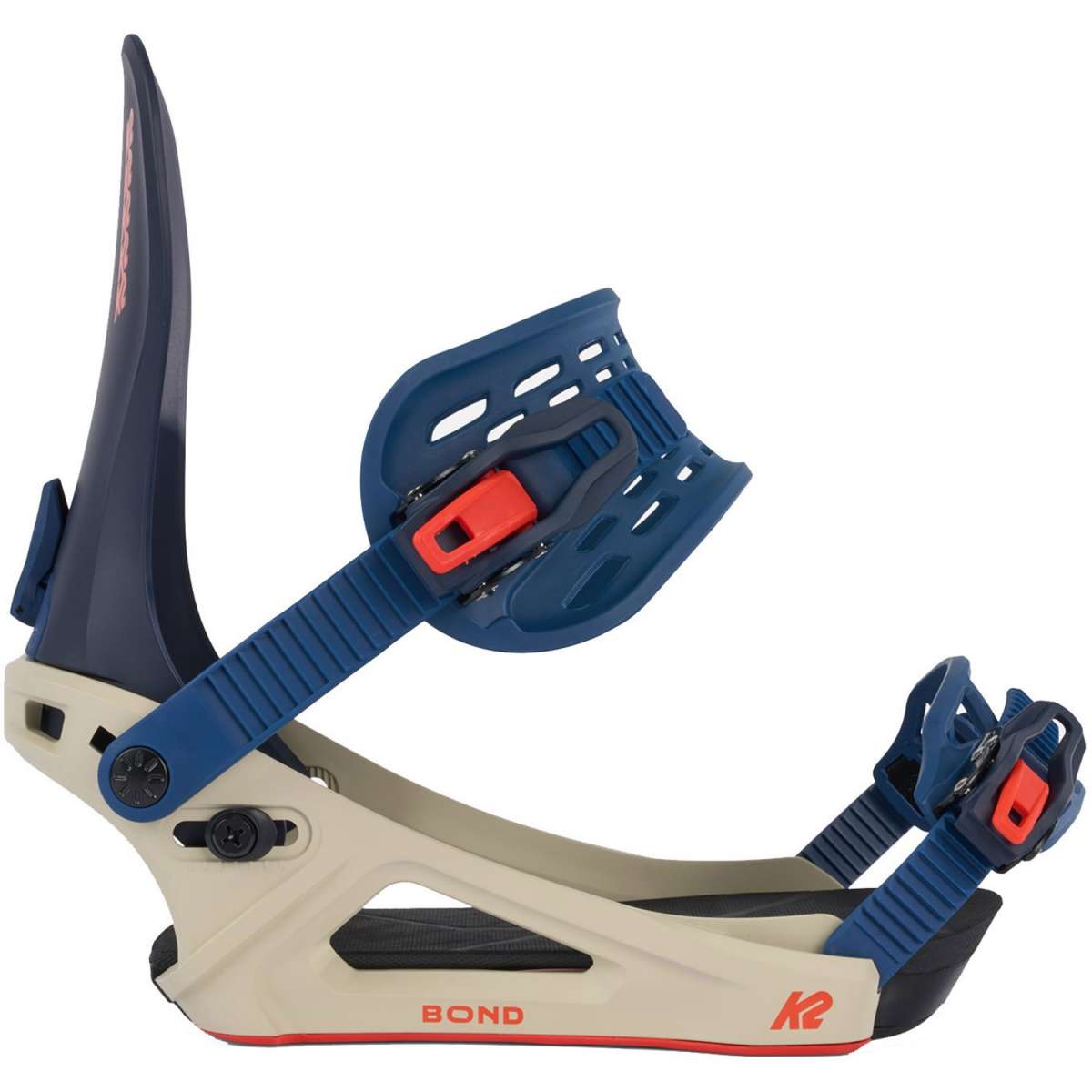 K2 Bond 2024 snowboard bindings feature a white base with blue and red accents.