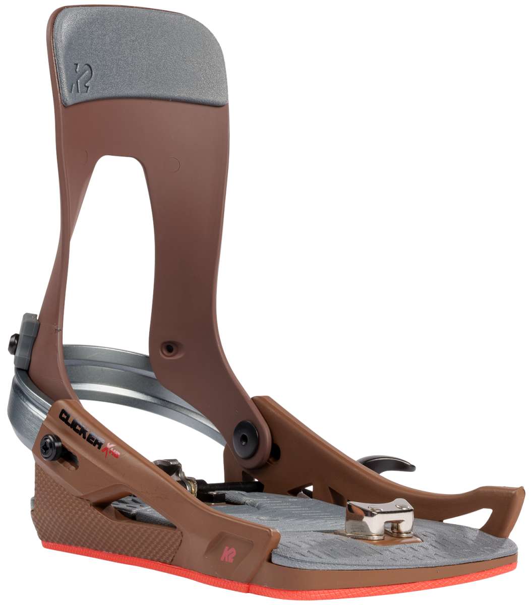 K2 Clicker X HB Snowboard Binding - A brown snowboard binding with a gray textured footbed and silver buckles.