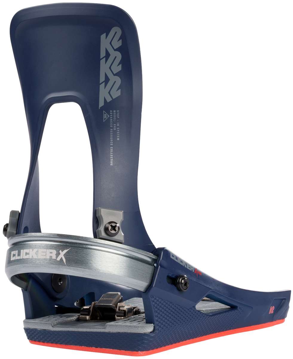 K2 Clicker X HB Snowboard Binding - A dark blue snowboard binding with a silver buckle and black screws, featuring the "K2" logo in light gray on top.