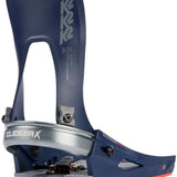 K2 Clicker X HB Snowboard Binding - A dark blue snowboard binding with a silver buckle and black screws, featuring the "K2" logo in light gray on top.
