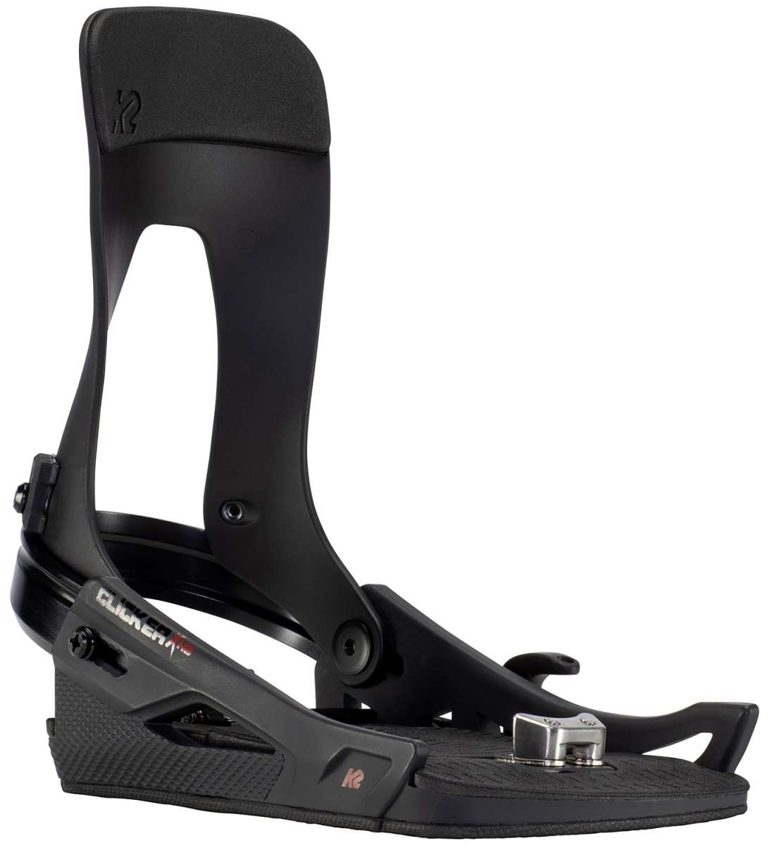 K2 Clicker X HB Snowboard Binding 2023 - A black snowboard binding with a textured footbed and silver buckles.