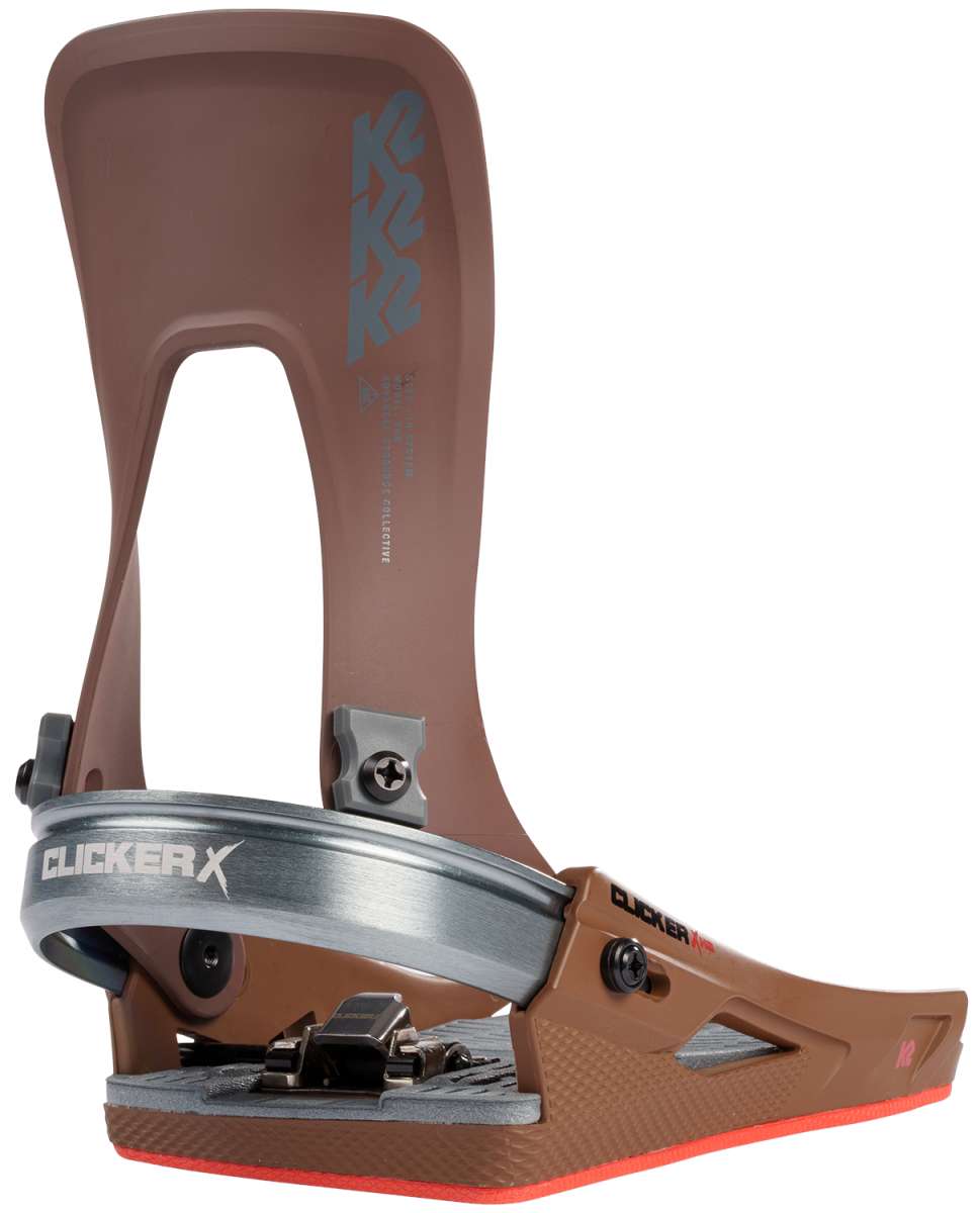 K2 Clicker X HB Snowboard Binding 2023 - A brown snowboard binding with a silver buckle and black screws.