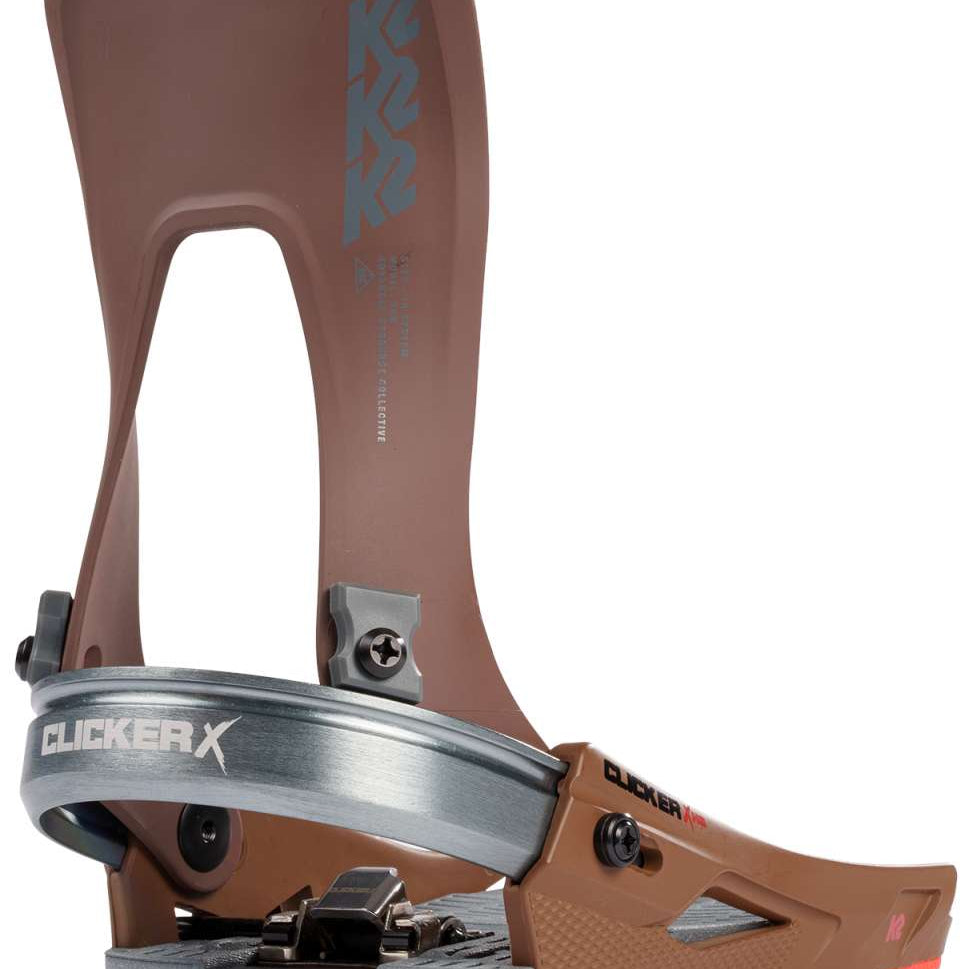 K2 Clicker X HB Snowboard Binding 2023 - A brown snowboard binding with a silver buckle and black screws.