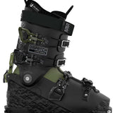 The image shows a pair of K2 Dispatch Alpine Touring Ski Boots for the year 2023. These boots are designed for alpine touring and feature a camouflage pattern on the upper part, with black straps and buckles. The boots have a greenish-gray color scheme and appear to be made of durable materials suitable for skiing in various terrains.