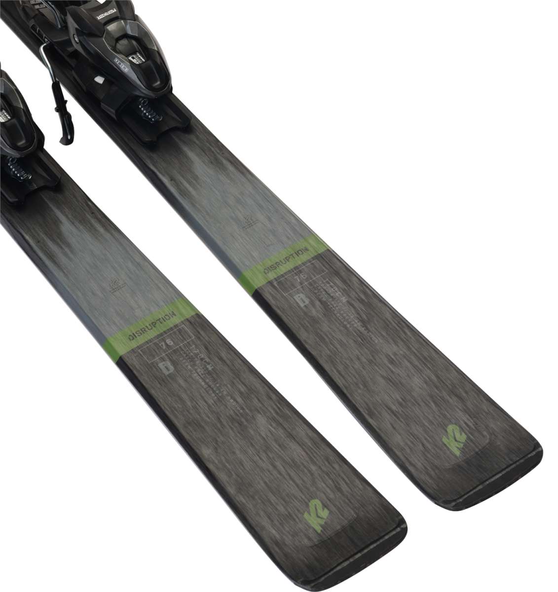 K2 Disruption 76 System skis, 2024 model, feature a gray and white design with M2 10 bindings.