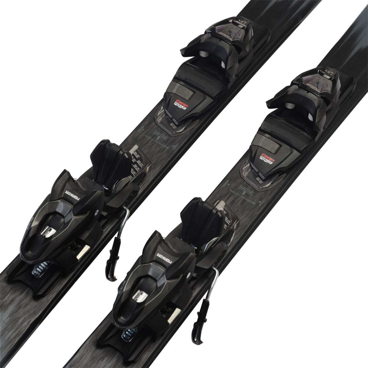 K2 Disruption 76 System skis feature a black and gray design with M2 10 bindings.