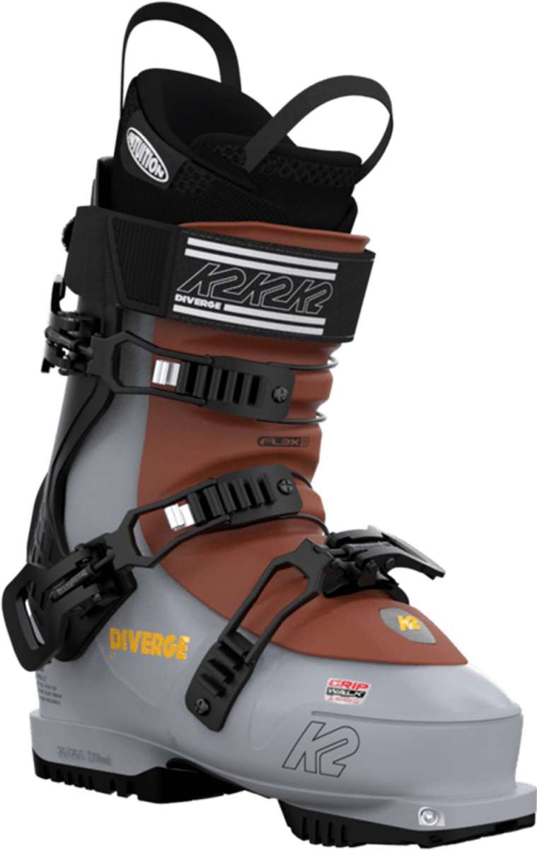 The image shows a pair of K2 Ladies Diverge LT 110 Ski Boots for the 2022-2023 season. The boots are brown and white, with black straps and buckles. They feature a BOA dial closure system for easy adjustment.