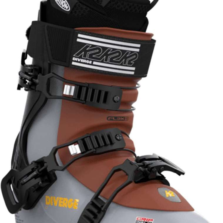 The image shows a pair of K2 Ladies Diverge LT 110 Ski Boots for the 2022-2023 season. The boots are brown and white, with black straps and buckles. They feature a BOA dial closure system for easy adjustment.