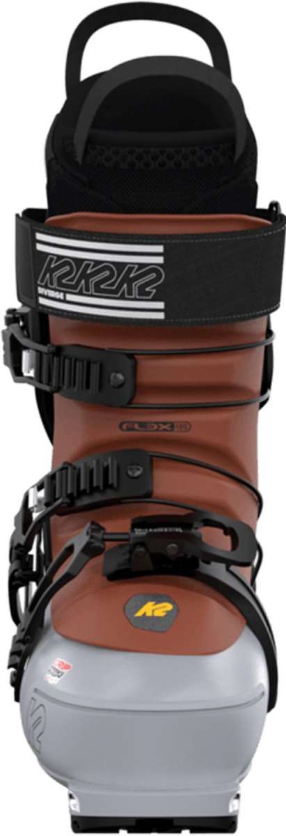 The K2 Ladies Diverge LT 110 Ski Boots for the 2022-2023 season are displayed prominently against a white background. The boots feature a brown and black color scheme, with a sturdy buckle system for securing the foot. They are designed to provide comfort and support during skiing activities.