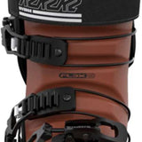 The K2 Ladies Diverge LT 110 Ski Boots for the 2022-2023 season are displayed prominently against a white background. The boots feature a brown and black color scheme, with a sturdy buckle system for securing the foot. They are designed to provide comfort and support during skiing activities.