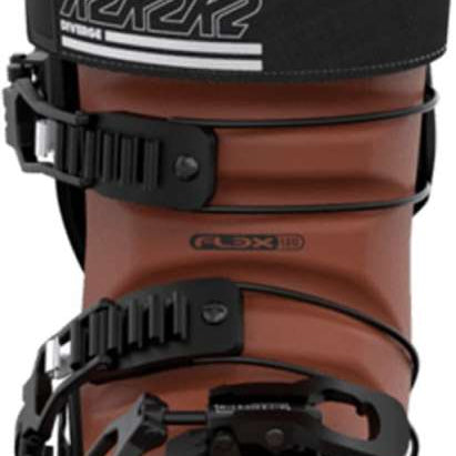 The K2 Ladies Diverge LT 110 Ski Boots for the 2022-2023 season are displayed prominently against a white background. The boots feature a brown and black color scheme, with a sturdy buckle system for securing the foot. They are designed to provide comfort and support during skiing activities.
