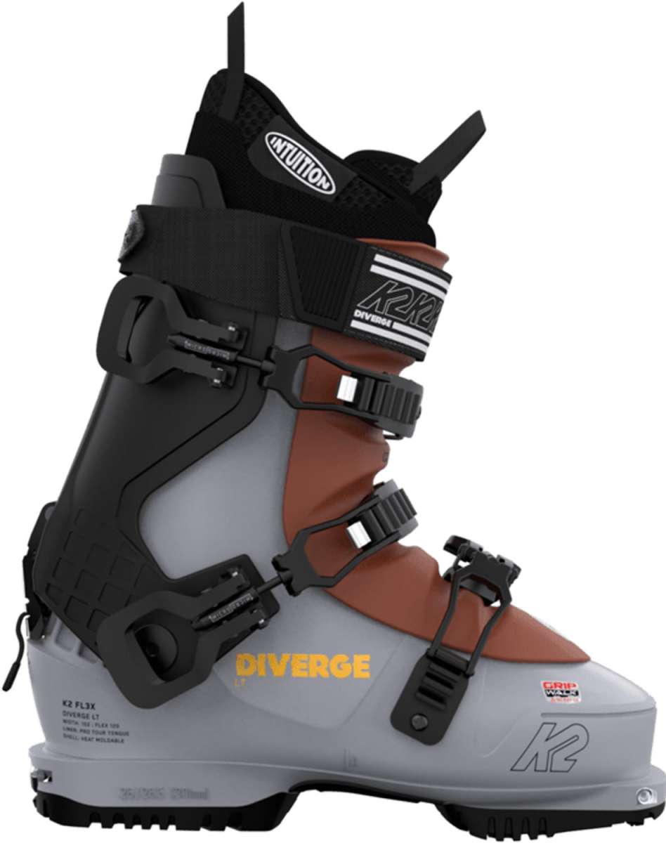 The K2 Ladies Diverge LT 110 Ski Boots for the 2022-2023 season are displayed. The boots feature a gray and brown color scheme, with black straps and buckles. They have a white logo on the side of each boot.