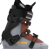 The K2 Ladies Diverge LT 110 Ski Boots for the 2022-2023 season are displayed. The boots feature a gray and brown color scheme, with black straps and buckles. They have a white logo on the side of each boot.