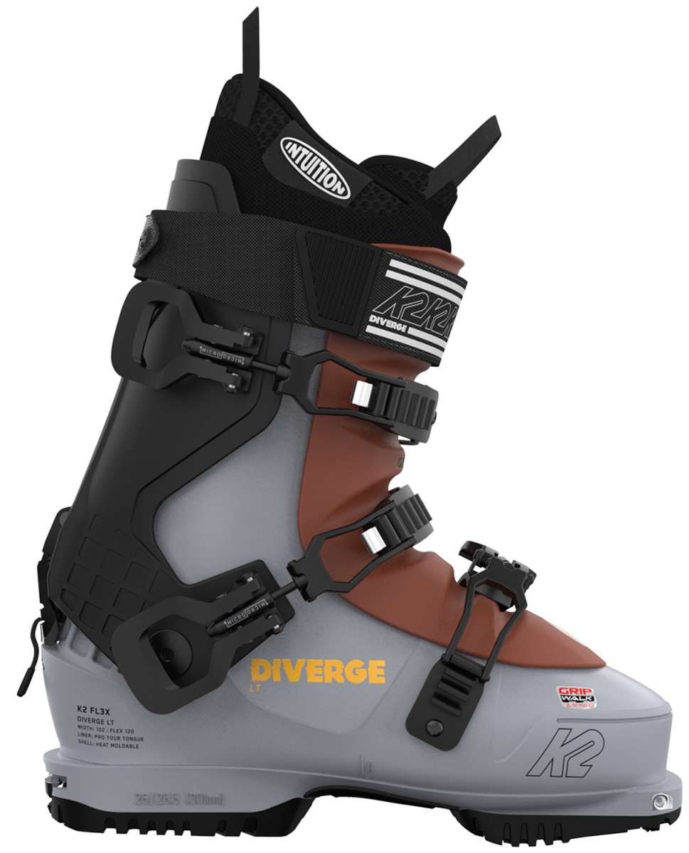 The image shows a pair of K2 Diverge LT 120 ski boots for the year 2023. The boots are predominantly gray with black accents and have the brand name "K2" prominently displayed on them. They feature a BOA closure system, which allows for easy adjustment of the fit, and are designed to provide support and comfort during skiing activities.