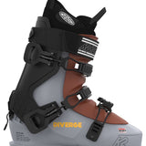 The image shows a pair of K2 Diverge LT 120 ski boots for the year 2023. The boots are predominantly gray with black accents and have the brand name "K2" prominently displayed on them. They feature a BOA closure system, which allows for easy adjustment of the fit, and are designed to provide support and comfort during skiing activities.