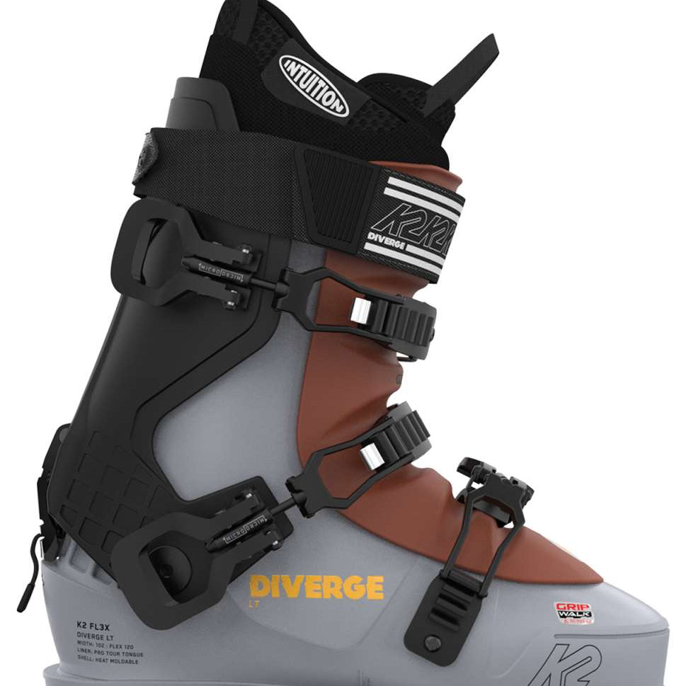 The image shows a pair of K2 Diverge LT 120 ski boots for the year 2023. The boots are predominantly gray with black accents and have the brand name "K2" prominently displayed on them. They feature a BOA closure system, which allows for easy adjustment of the fit, and are designed to provide support and comfort during skiing activities.