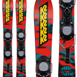 K2 Fatty 85 System skis feature a vibrant red and blue design.