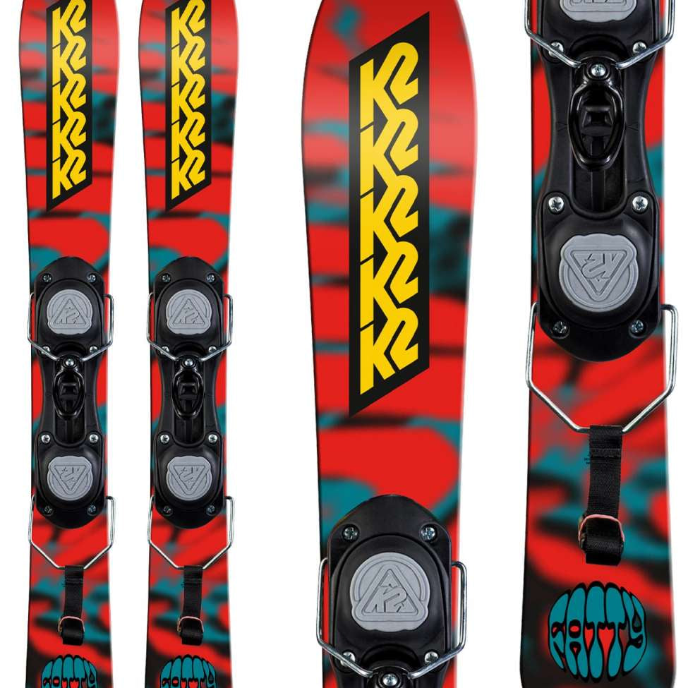 K2 Fatty 85 System skis feature a vibrant red and blue design.