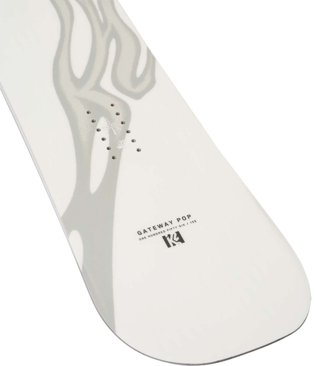 K2 Gateway Pop snowboard 2024 features a black and white graphic design.
