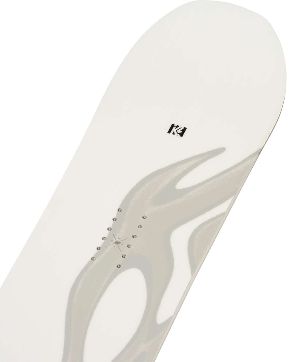 K2 Gateway Pop snowboard 2024 features a white base with red and black graphics.