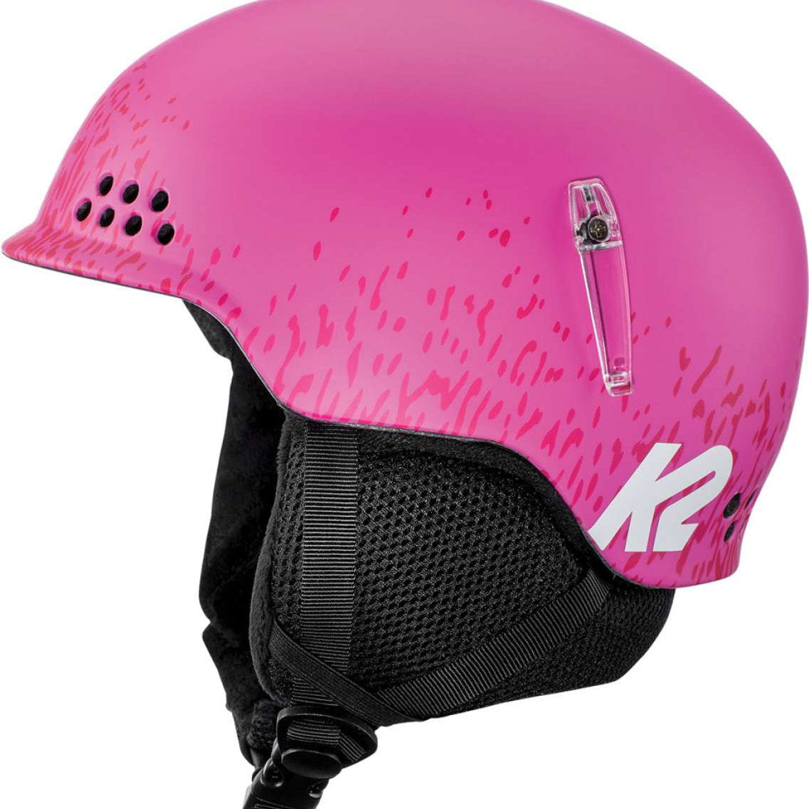 K2 Youth Illusion Helmet 2024, a pink ski helmet with distinctive textured design.