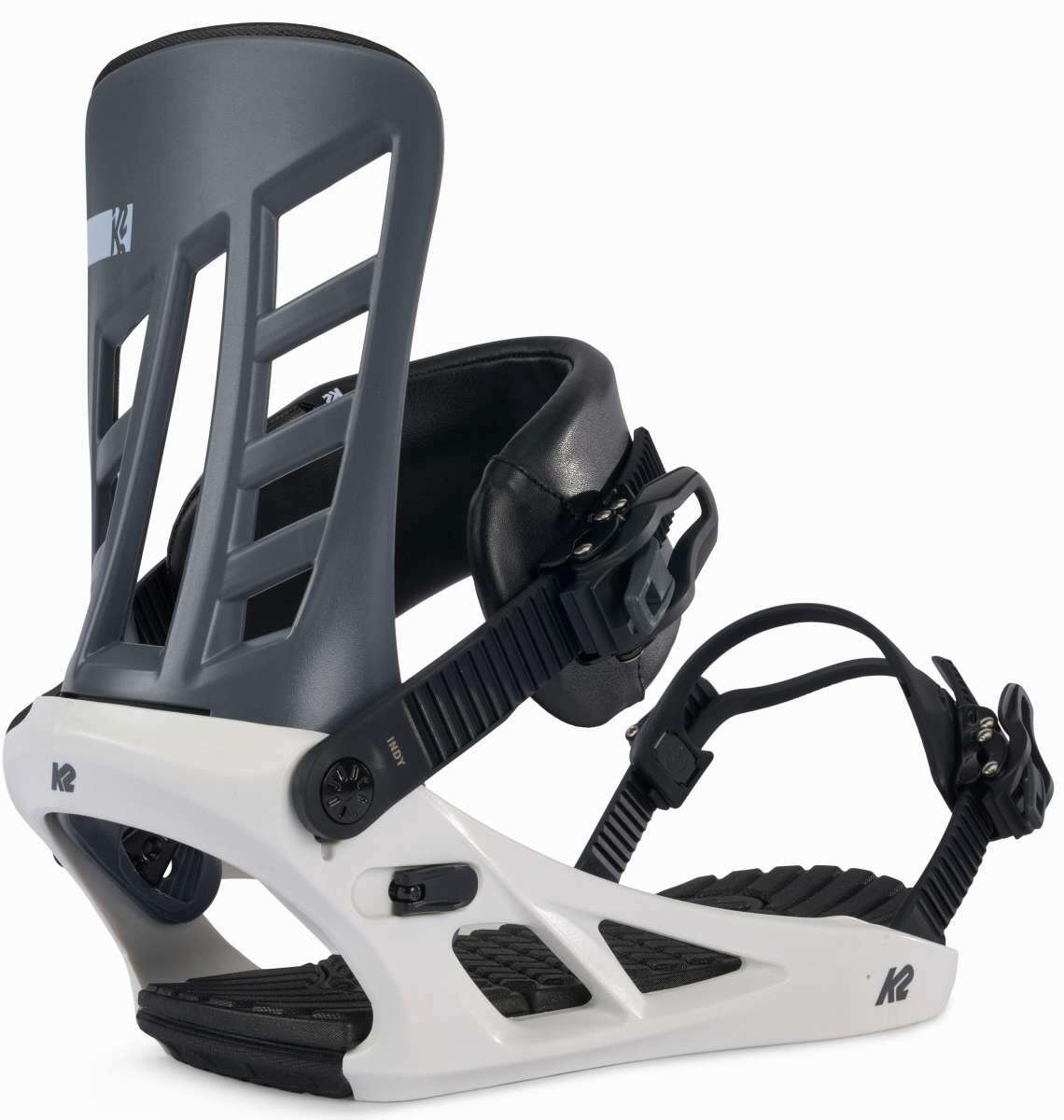 K2 Indy 2024 snowboard bindings feature a white base with black straps.