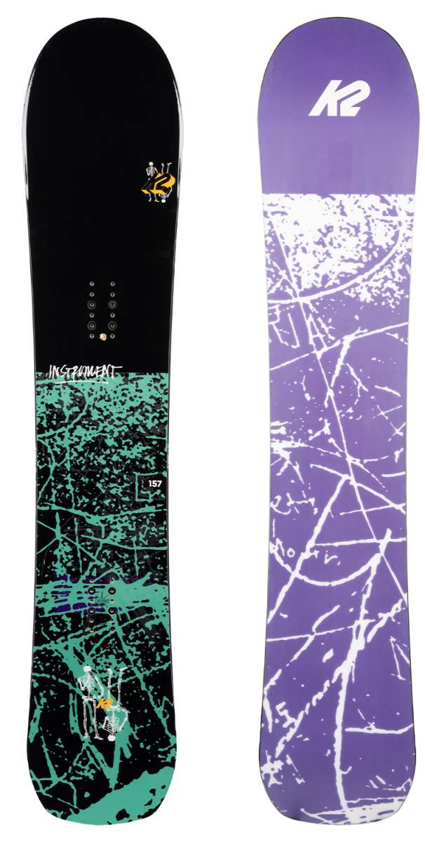 K2 Instrument snowboard, 2022 model, features a vibrant blue and white graphic design.