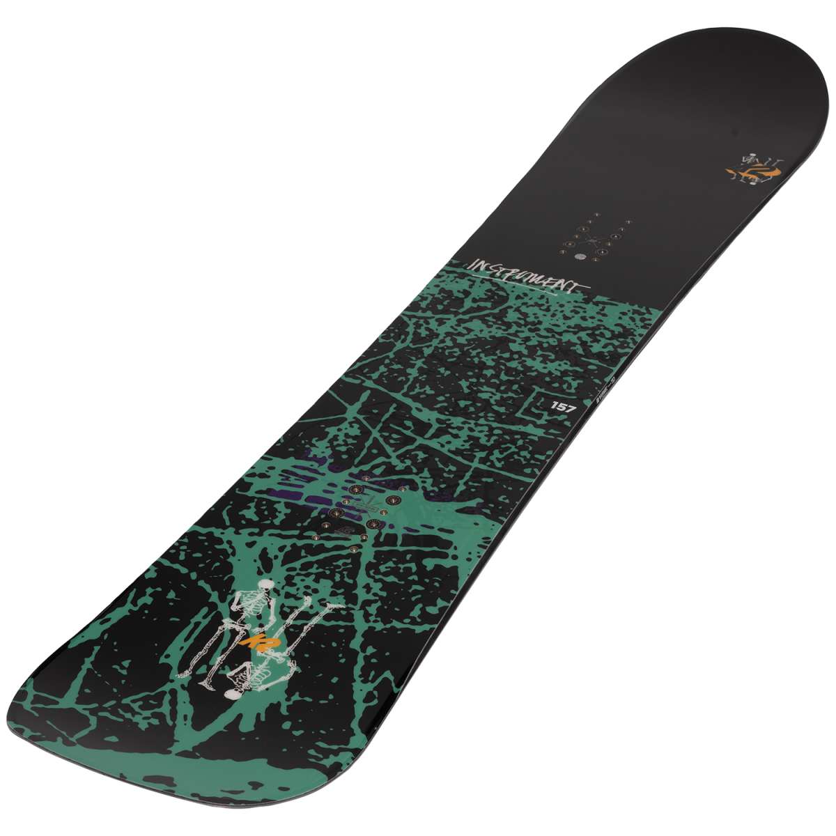K2 Instrument snowboard, 2022 model, features a dark green and white graphic design.