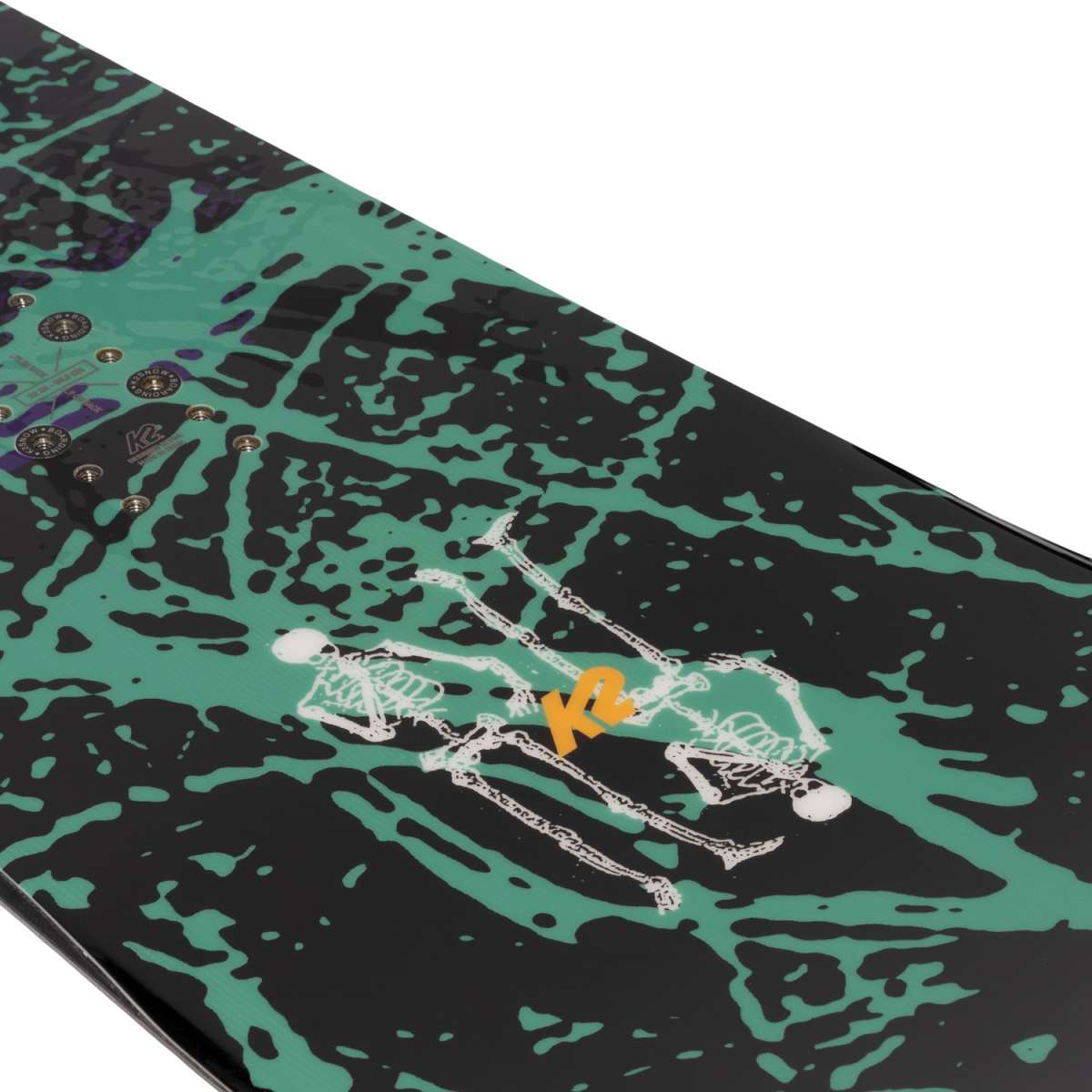 K2 Instrument snowboard, 2022 model, features a vibrant green and black graphic design.